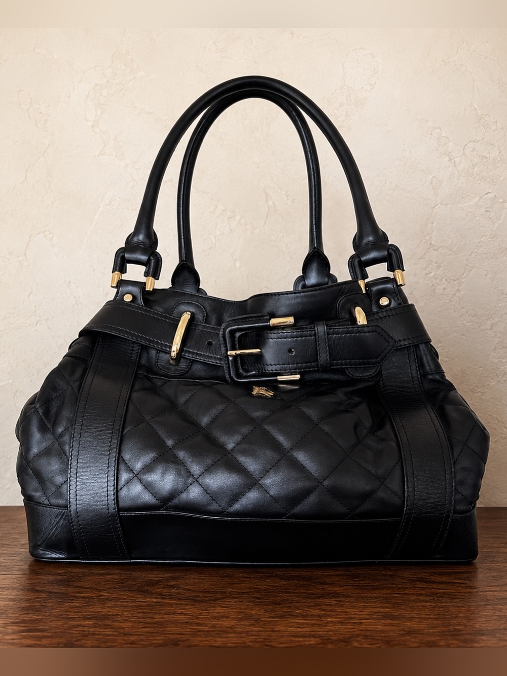 Burberry Prorsum Beaton Black Quilted large Leather Tote Gold hardware AUTH